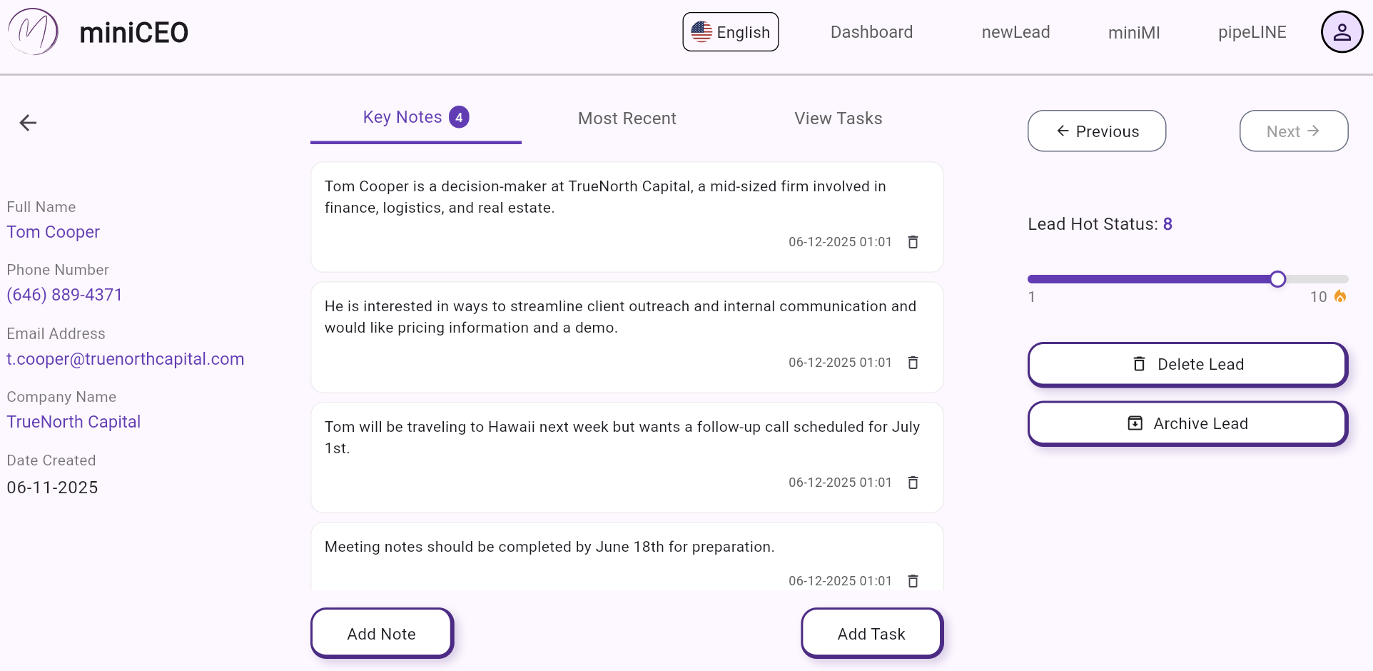 miniCEO Lead Management Interface